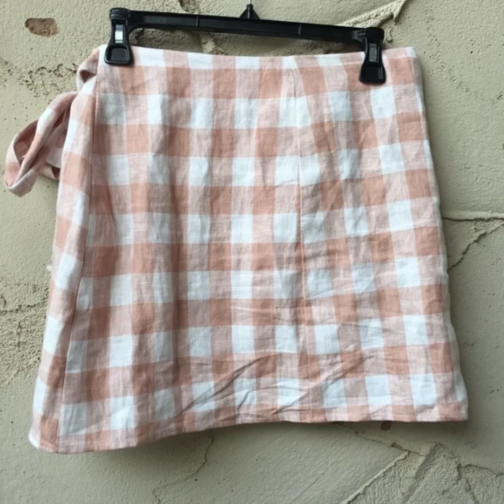 Reformation Side Tie Check Linen Wrap Mini Skirt Size M - Picture 5 of 9